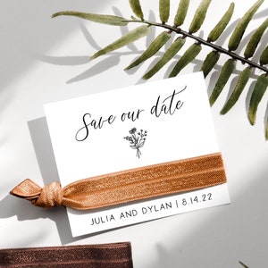 Save the Date Hair Tie Favors | Terracotta Desert Wedding Date Proposal, Burnt Orange Rust Earth Tone Boho Indie Wedding Announcements