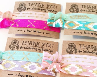 Dreamcatcher Boho Birthday Party Hair Tie Favors | Pastel Feather, Arrow + Tribal Hair Tie Favors, Bohemian Birthday Party Hair Tie Favors
