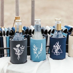 Grey Blue Botanical Wedding Cozies | Dusty Blue Slate Floral Bridal Party Favors, Classic Navy Blue Shower Favor, Charcoal Bridesmaid Gifts