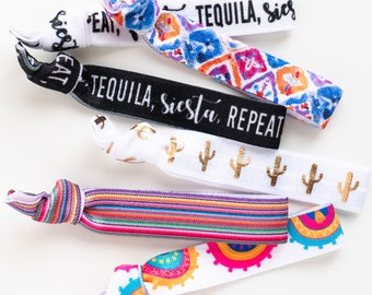 Fiesta Hair Tie Set | Creaseless Elastic Hair Ties, Mexico Fiesta Beach Bachelorette, Girls Trip Gifts, Fiesta Siesta Tequila Repeat