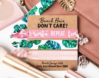 Beach Hair Don't Care! Hair Tie Set | Custom Tropical Hair Tie Bachelorette Gift, Monstera Banana Palm Leaf Girls Trip Birthday Favor