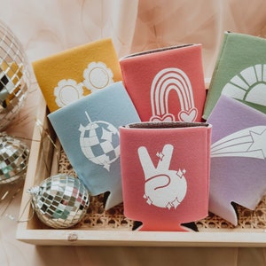 Dazed and Engaged Retro Drink Cozies | 70&#39;s Bachelorette Favors, Disco Bachelorette Can Cozies, Good Vibes, Summer Drink Cozy
