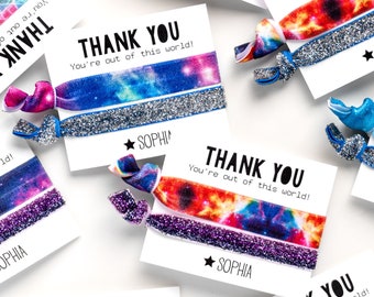 GALAXY Glitter Birthday Party Hair Tie Favors | Custom Hair Tie Favor, Personalized Kids Party Favors, Stars Outer Space Sleepover Party