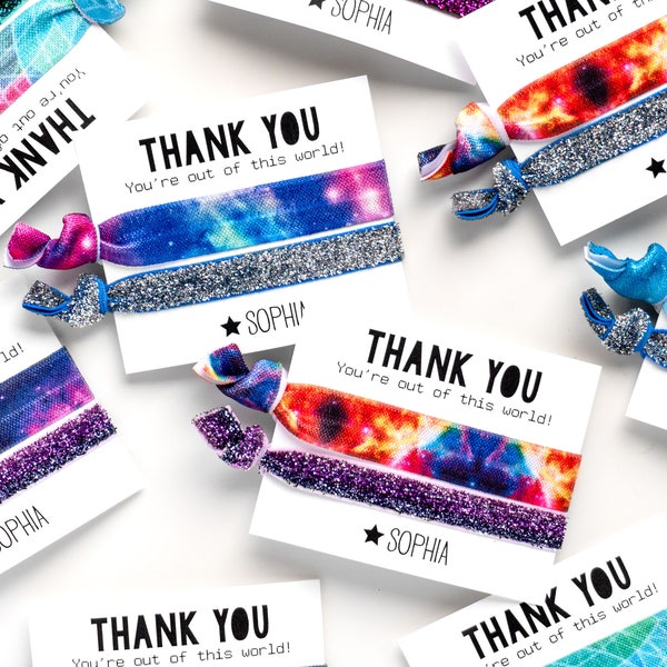 GALAXY Glitter Birthday Party Hair Tie Favors | Custom Hair Tie Favor, Personalized Kids Party Favors, Stars Outer Space Sleepover Party