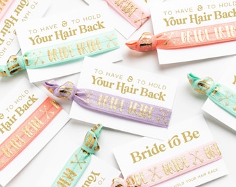 SALE 10 Pack Retro Bachelorette Favors | 1 Bride + 9 Bride Tribe Hair Tie Favors, Summer Bachelorette Gifts, Pastel Rainbow, Ready to Ship