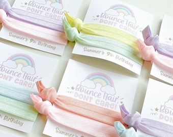 Bounce Party Hair Tie Favors | Personalized Kids Trampoline Birthday Party Favor, Pastel Rainbow + Gold Party Favors for Girls