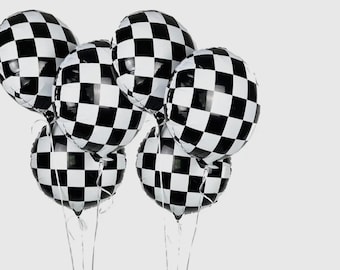 Black and White Racing Checkered Balloons | 6 Mylar Balloons, Race Car Theme Birthday Decor, One Cool Dude Party, Fast One First Birthday