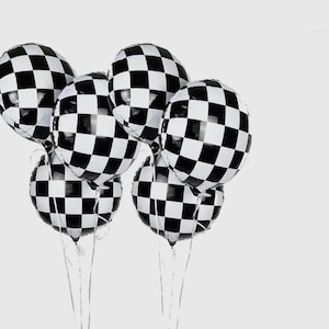 Black and White Racing Checkered Balloons | 6 Mylar Balloons, Race Car Theme Birthday Decor, One Cool Dude Party, Fast One First Birthday