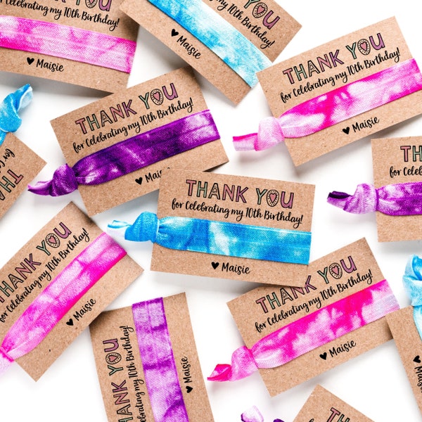 Birthday Hair Tie Favors | Personalized Tie Dye Kids Party, Sleepover Party Thank you Hair Ties, Teen Girl Birthday, Goodie Treat Bag Favors