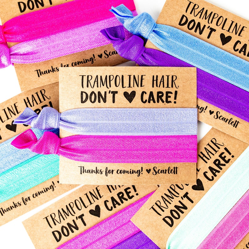 Trampoline Party Hair Tie Favors | Personalized Trampoline Hair Birthday Party Favor, Rainbow Party Favors, Choose Your Colors, Girls Favors 