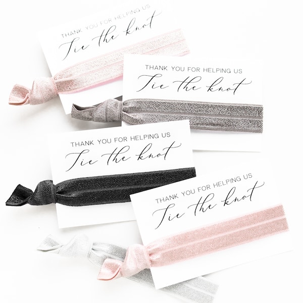 TIE THE KNOT | Blush Pink + Grey Bridal Shower Favors, Bachelorette Favors, Feminine Bow Hair Ties, Thank you for helping us tie the knot