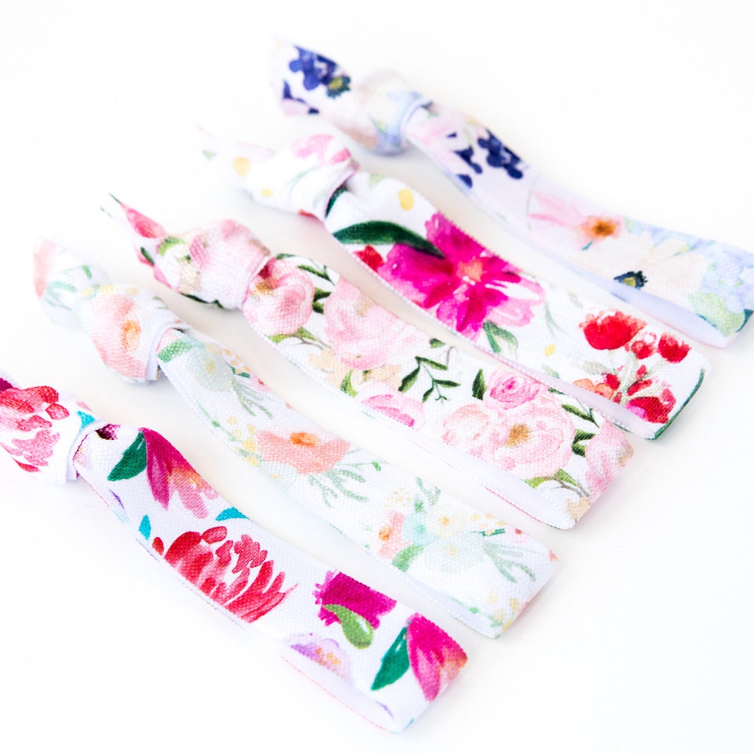Watercolor Floral Hair Tie Set Rose, Magenta Peach Floral Creaseless ...