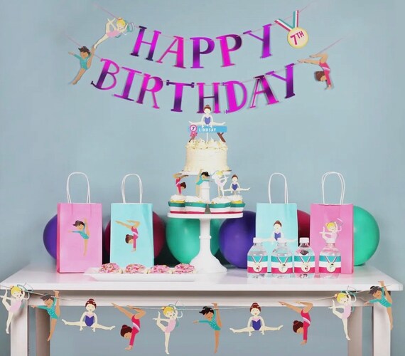 Gymnastik Geburtstag Banner – Turnerin Thema Deko Mit Glitzer In Lila, Rosa, Blau Für Mädchen-Partys