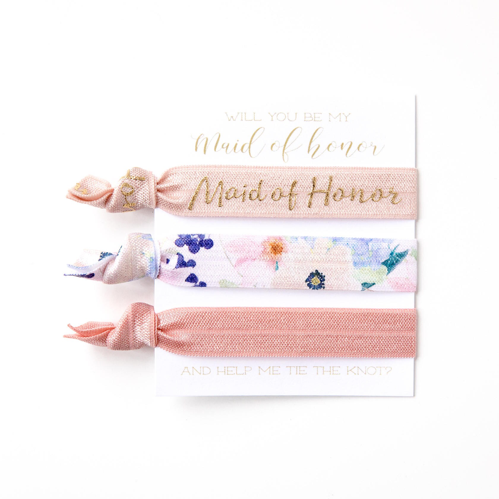 YOU DESIGN | Bridesmaid Proposal Hair Tie Gifts, Gold + Blush Pink Fl…