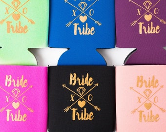 Bride Tribe Drink Coolers | Boho Bachelorette Party Favors, Metallic Gold Arrow Bride Tribe Drink Cooler Favors, Beer Bottle Can Holders