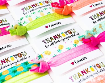Personalized Birthday Party Hair Tie Card | Pineapple Birthday Party Hair Tie Favors, Kids Girls Teen Tween Sleepover Cute Thank You favor