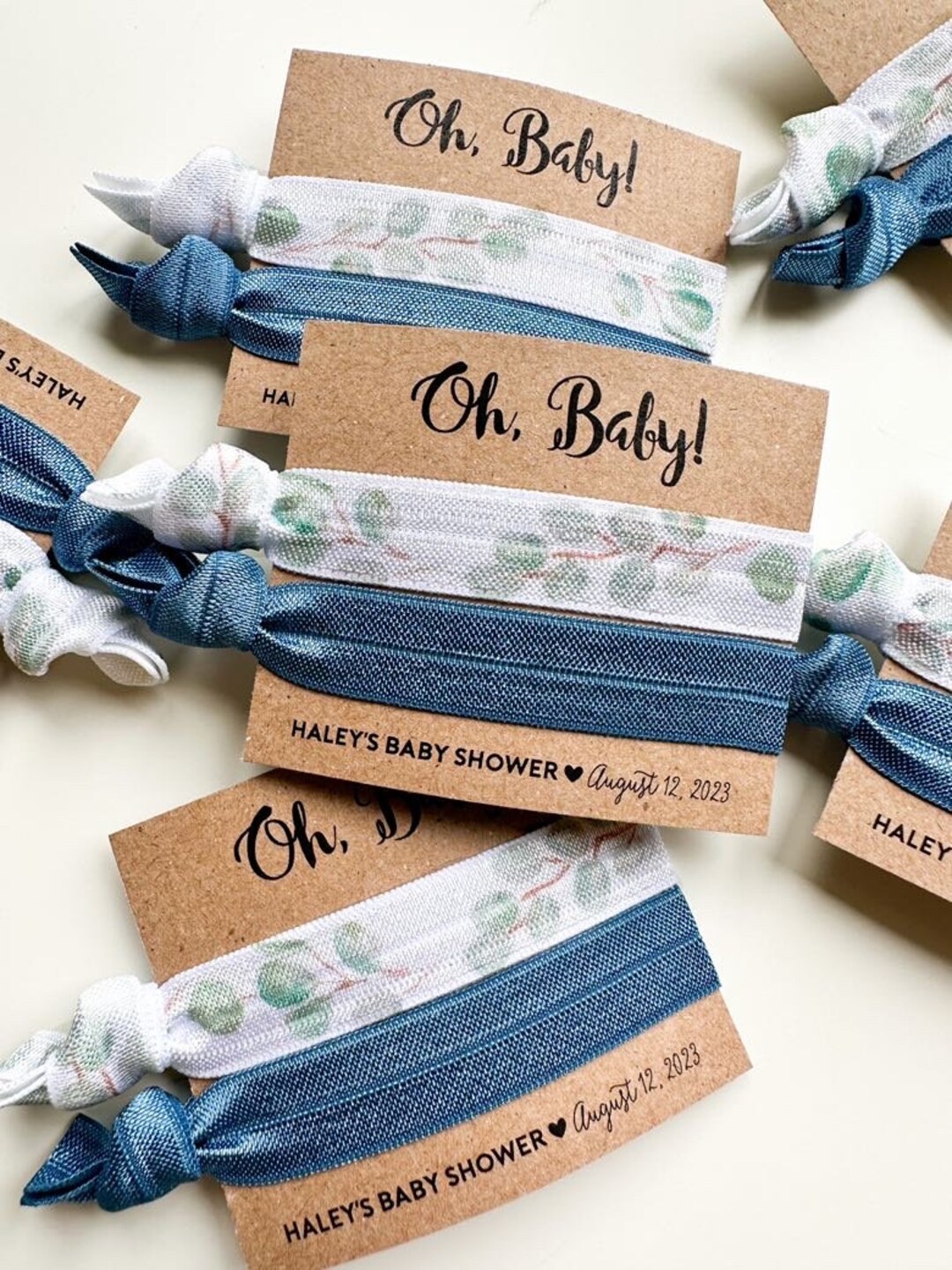 Eucalyptus Baby Shower Hair Tie Favors Oh Baby Boy Baby Shower, Navy Blue Baby Shower Favor