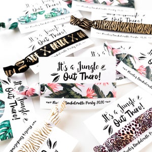 Bomboniere di addio al nubilato Safari nella giungla / C'è un rombo nella giungla Bomboniera di addio al nubilato stampa ghepardo, cravatte per capelli Safari tropicale foglia di palma