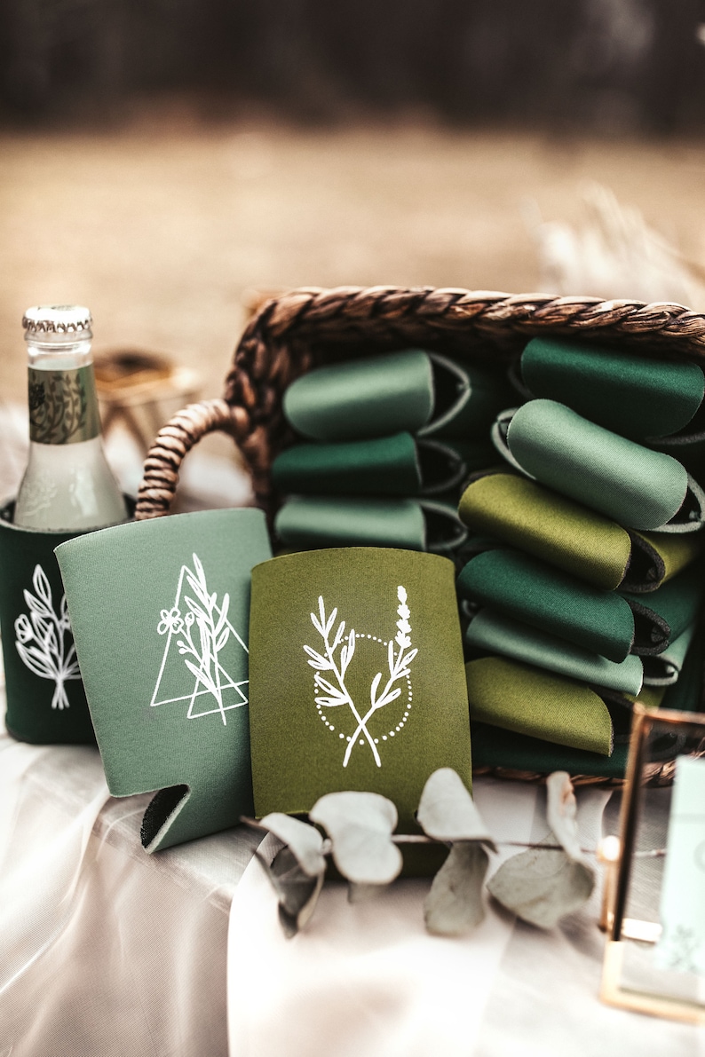 Green Botanical Wedding Cozies Sage Moss Olive Floral Bridal Party Favors, Forest Greenery Woodland Wedding Shower Favor, Bridesmaid Gifts image 4