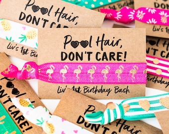 Pool Party Haargummi Gefälligkeiten | Personalisierte Sommer Geburtstag Party Haargummi Favor, Flamingo Pool Party Haargummi Favor, Mädchen Geburtstag Favor