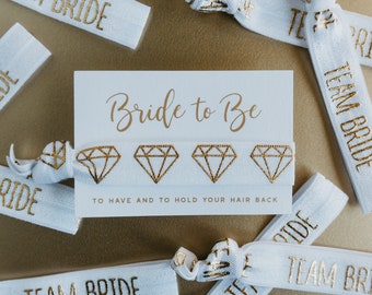 SALE 10 Pack! 1 Bride + 9 Team Bride Hair Tie Favors | White & Gold Bachelorette, Bridal Party Gifts, Bachelorette Party Favor Hair Ties