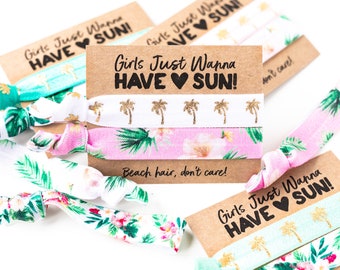 Dziewczyny po prostu chcą mieć słońce! | Upominki w postaci gumek do włosów na wieczór panieński, Gumki do włosów Beach Hair Don't Care, Gumki do włosów Tropical Palm Leaf