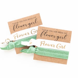 Flower Girl Hair Tie Gift | Sage Green Flower Girl Proposal Gift, Child Sized Flower Girl Hair Tie Cards, Wedding Party Bridesmaid Hair Ties