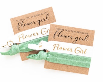 Flower Girl Hair Tie Gift | Sage Green Flower Girl Proposal Gift, Child Sized Flower Girl Hair Tie Cards, Wedding Party Bridesmaid Hair Ties