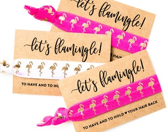 Vamos Flamingar | Favor cor-de-rosa do laço do cabelo de Bachelorette de <br> Entrega Rápida? Lembrancinhas de cabelo para festa de despedida de solteira flamingo rosa choque + dourado, flamingle final