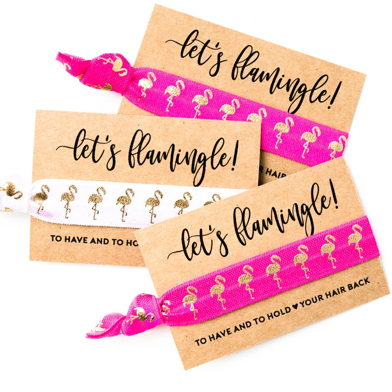Let's Flamingle Pink Flamingo Bachelorette Hair Tie Favor Hot Pink Gold Flamingo Bachelorette Party Hair Tie Favors, Final Flamingle image 1