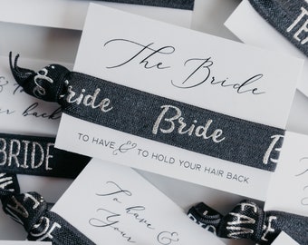 SALE 10 Pack! 1 Bride + 9 Team Bride Hair Tie Favors | Charcoal & Silver Bachelorette, Bridal Party Gifts, Bach Party Favor Hair Ties