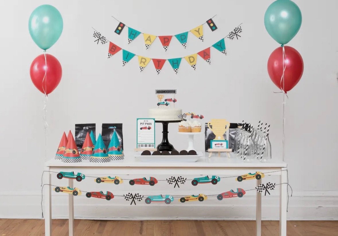 Retro Race Car Birthday Banner - Checkered Flag & Vintage Car Garland For Boys' Party Decor