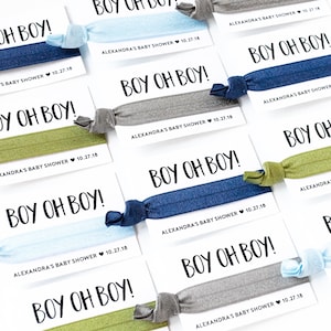 BOY OH BOY! Baby Shower Hair Tie Favors | Baby Boy Gray, Hunter Green, Olive + Blue Hair Tie Favor, Personalized Baby Shower Hair Tie Favors