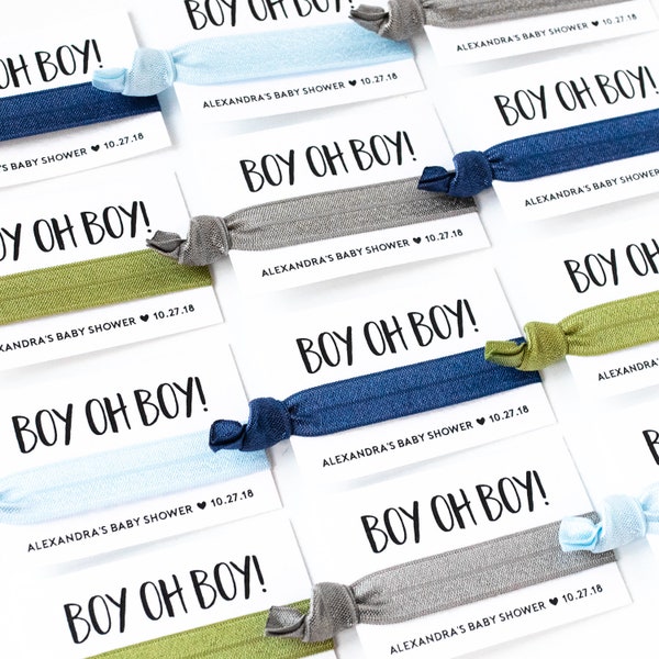 BOY OH BOY! Baby Shower Hair Tie Favors | Baby Boy Gray, Hunter Green, Olive + Blue Hair Tie Favor, Personalized Baby Shower Hair Tie Favors