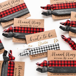 Flannel Fling Before the Ring | Red & Black Buffalo Plaid Bachelorette Hair Tie Favors, Camping Bachelorette Gifts, Glamping Trip Favor