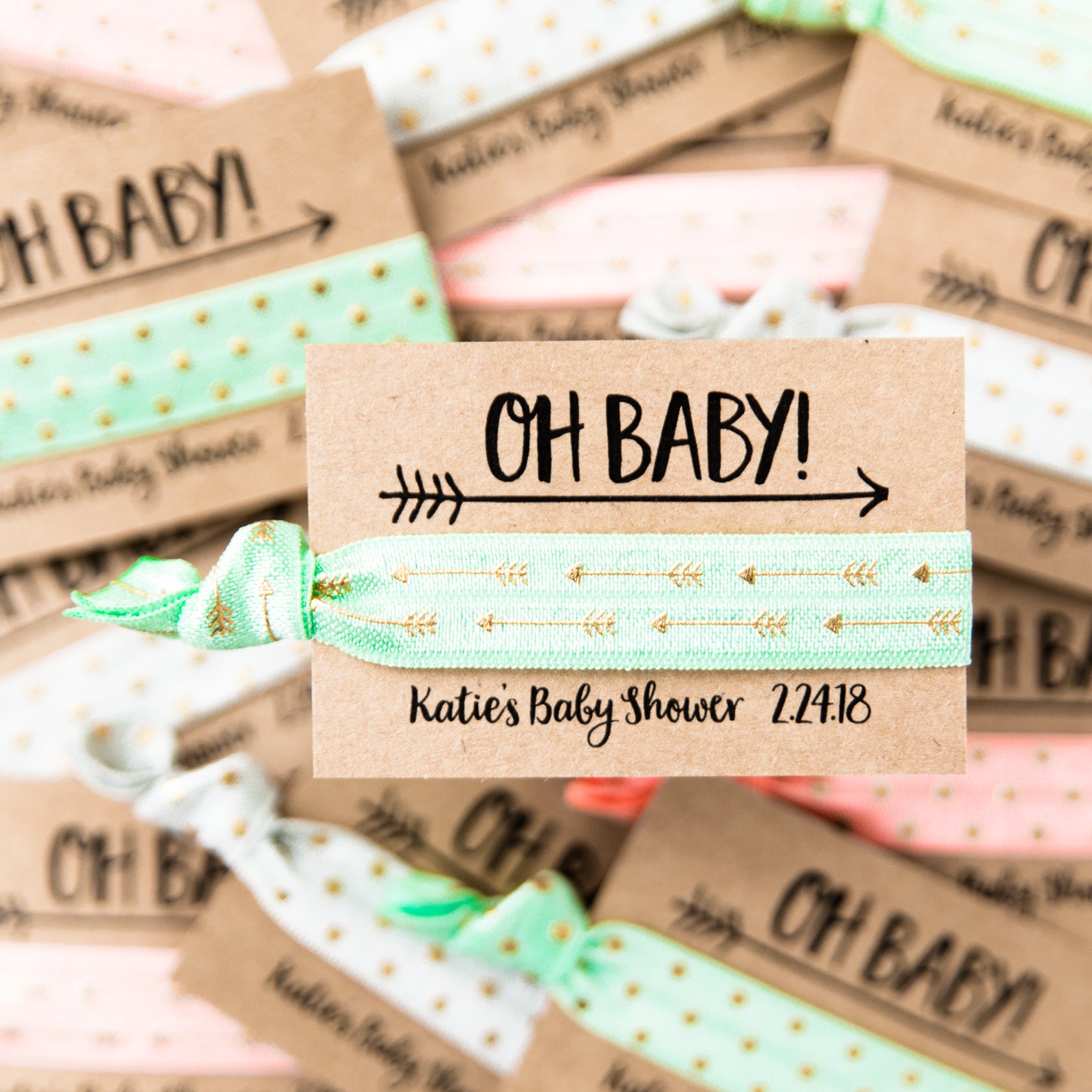 Gender Neutral Baby Shower Hair Tie Favors | Mint, Coral + Gold Arrow…