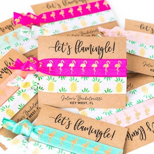 LET'S FLAMINGLE Tropical Bachelorette Favors | Personalized Bachelorette Party Hair Tie Favors, Pineapple + Hot Pink Flamingo Hair Tie Favor