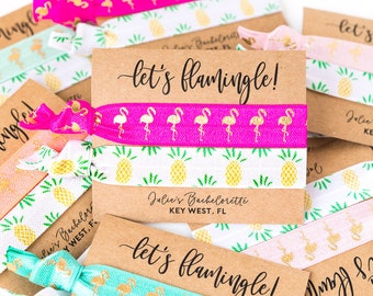 LET'S FLAMINGLE Tropical Bachelorette Favors | Personalized Bachelorette Party Hair Tie Favors, Pineapple + Hot Pink Flamingo Hair Tie Favor