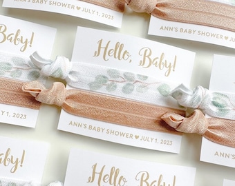 Eucalyptus Baby Shower Hair Tie Favors | Hello Baby! Gender Neutral Baby Shower, Modern Baby Shower Favor, Woodland Nature Theme
