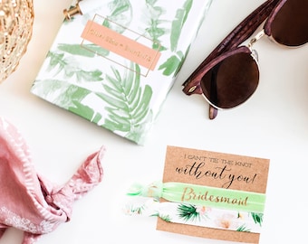 Mint Bridal Party Proposal | I Can't Tie the Knot Without You! Maid of Honor Gift, Bridesmaid Proposal, Mint Green Palm Leaf Floral Hair Tie