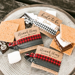 Flannel Fling Before the Ring | Red & Black Buffalo Plaid Bachelorette Hair Tie Favors, Camping Bachelorette Gift, Glamping Girls Trip Favor