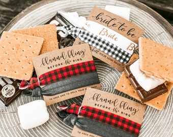 Flannel Fling Before the Ring | Red & Black Buffalo Plaid Bachelorette Hair Tie Favors, Camping Bachelorette Gift, Glamping Girls Trip Favor