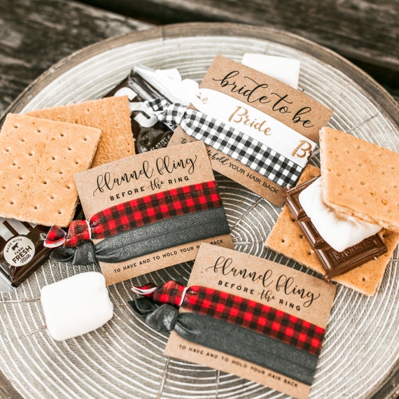 Flannel Fling Before the Ring | Red & Black Buffalo Plaid Bachelorette Hair Tie Favors, Camping Bachelorette Gift, Glamping Girls Trip Favor