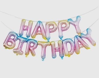 Pastel Foil Happy Birthday Balloon Banner | Girls Pastel Rainbow Party Decor, Happy Birthday Balloons, Pink Aqua Blue Gold Balloon Wall