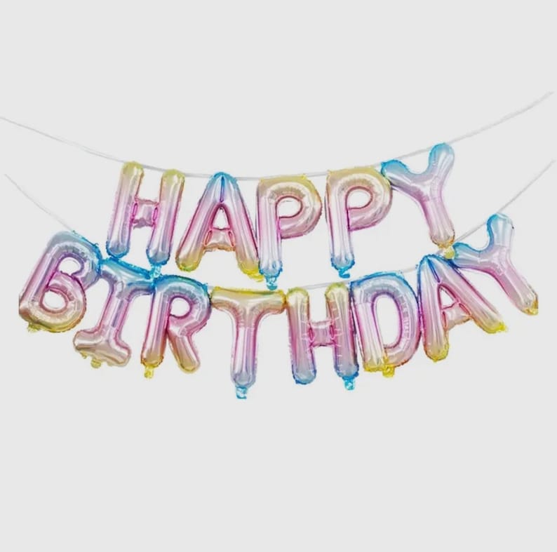 Pastel Foil Happy Birthday Balloon Banner Girls Pastel Rainbow Party Decor, Happy Birthday Balloons, Pink Aqua Blue Gold Balloon Wall image 1