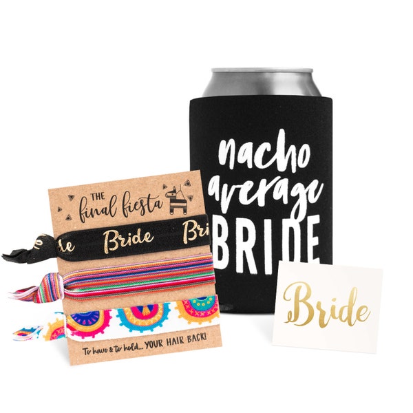 Fiesta Bachelorette Bride Gift Set | Nacho Average Bride Drink Cozie, Gold Tattoo, Hair Ties | Beach Drink Cooler Bachelorette Party Favor