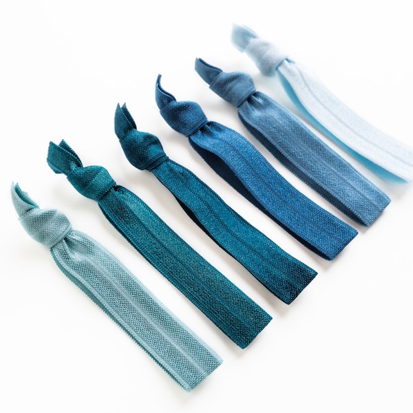 Dusty Blue Hair Tie Set | Creaseless Elastic Hair Ties, Everyday Neutral Hair Tie Set Ombre Blue, Denim, Slate, Light Blue Bridesmaid Gift