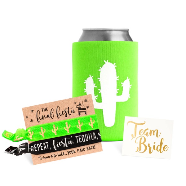 Fiesta Bachelorette Gift Set | Cactus + Piñata Drink Cozie, Gold Tattoo, Hair Ties | Neon Fiesta Beach Drink Cooler Bachelorette Party Favor