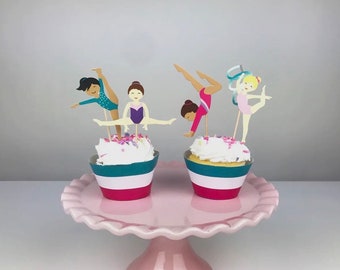 Gymnast Cupcake Toppers | Set of 12 Gymnastics Theme Cupcake Wraps and Picks, Birthday Cake Topper, Gymnastics Party Cupcake Wrap Decoration