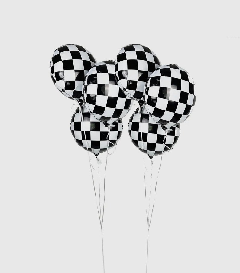 Black and White Racing Checkered Balloons 6 Mylar Balloons, Race Car Theme Birthday Decor, One Cool Dude Party, Fast One First Birthday image 1